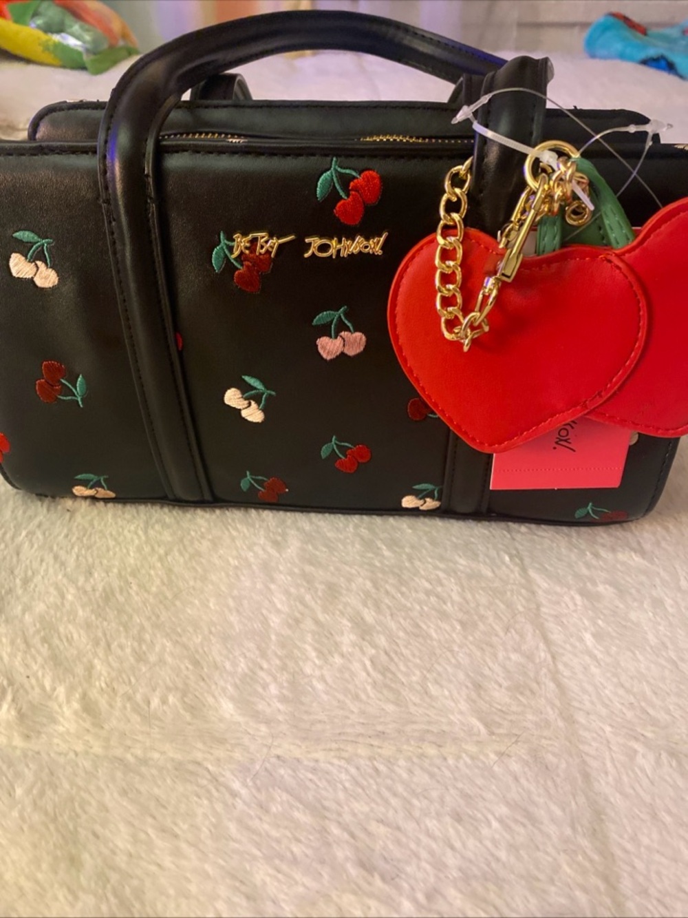 Betsey Johnson Black Cherry Embroidered Satchel with Red Heart Charm